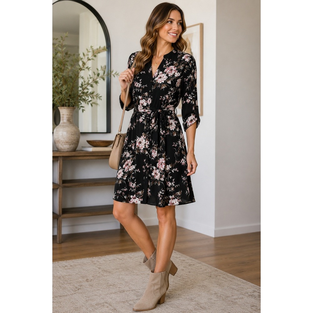 \41 Hawthorn Black Floral Tie Waist Shirt Dress Roll Tab Sleeves‎ Large